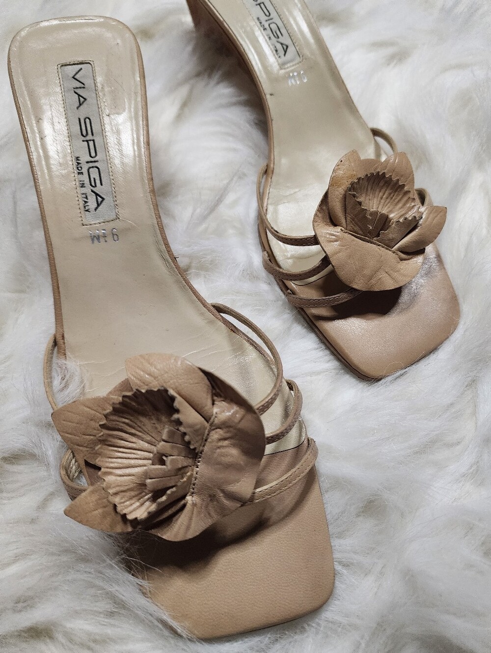 Unique Via Spiga Leather Floral Mule Heels Nude Square Toe Sandal Size 9.5M